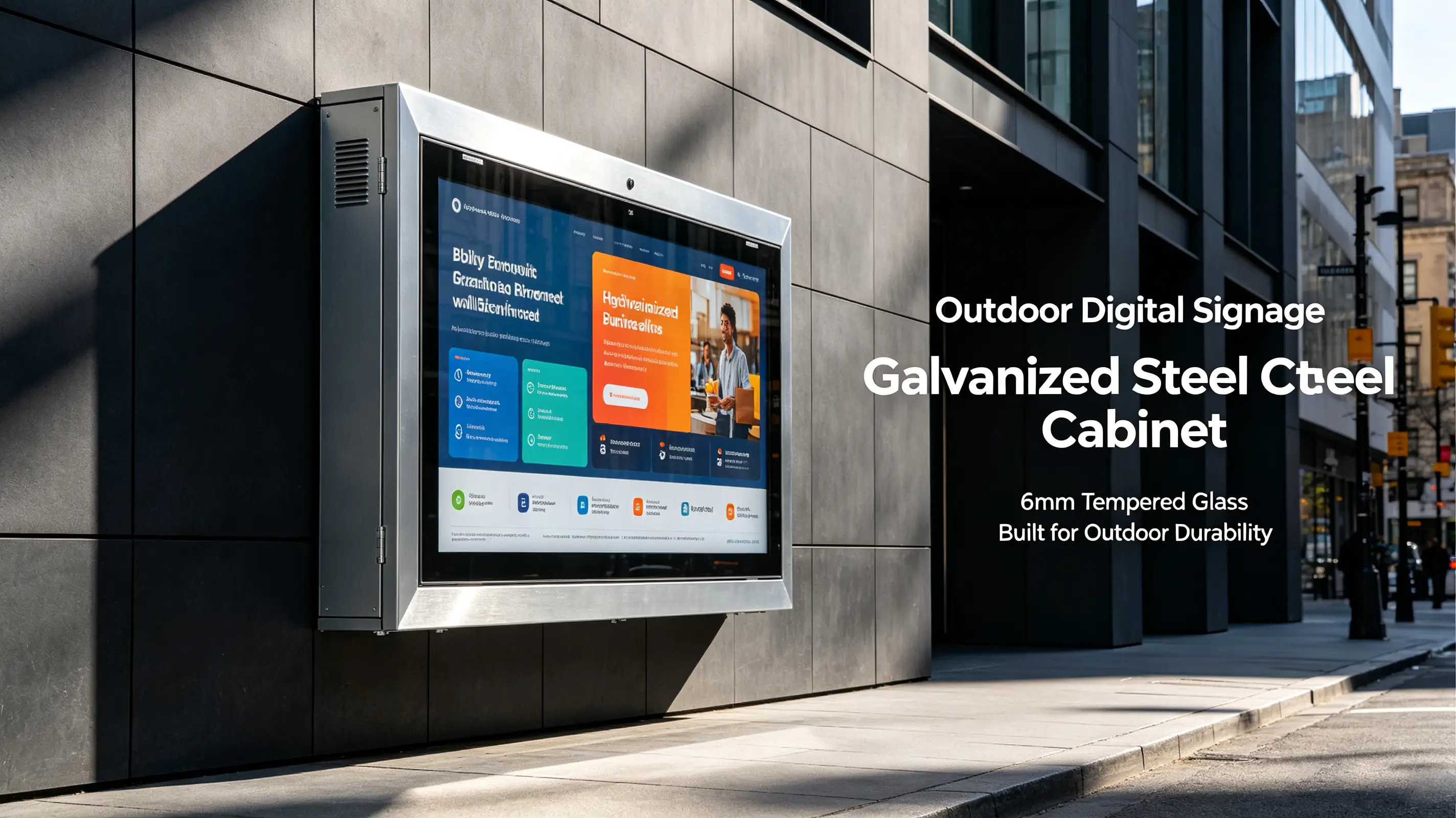 Galvanized steel cabinet with 6mm anti-riot tempered glass outdoor digital signage